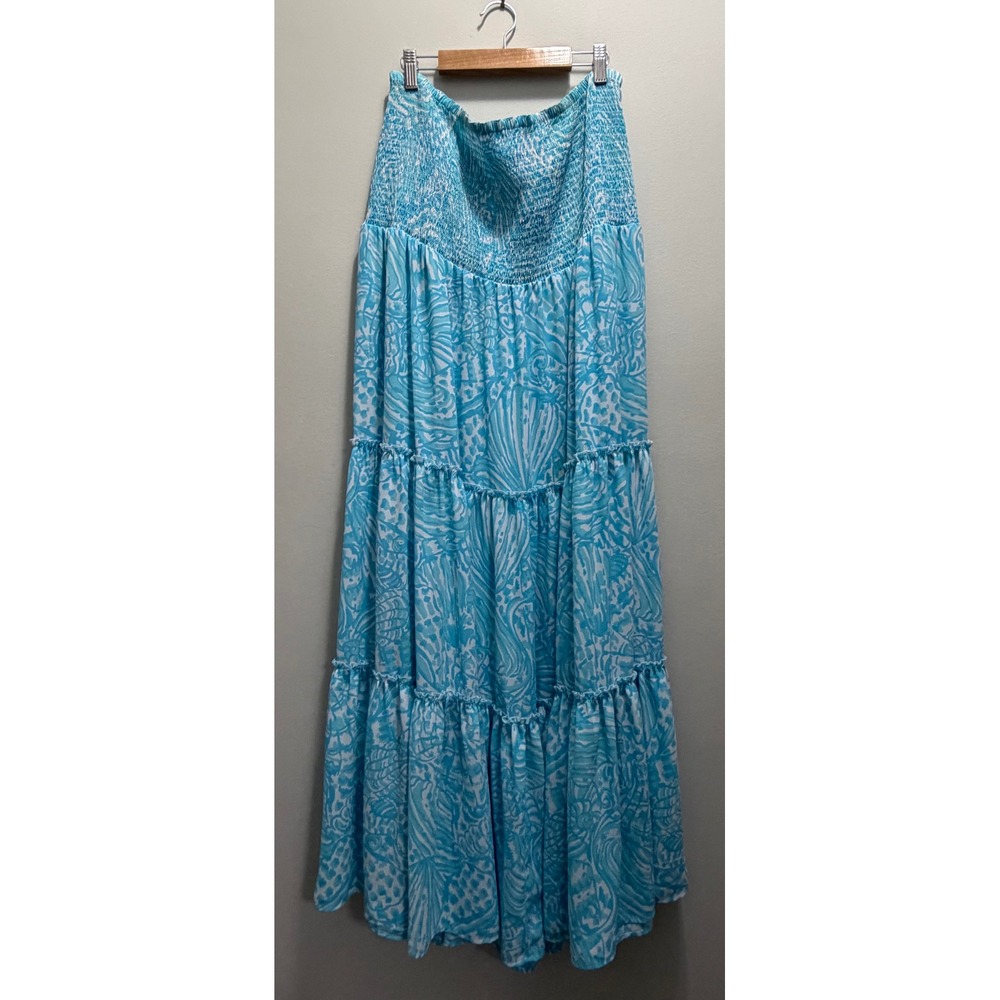 Lilly Pulitzer Hanalei Tiered Maxi Skirt Succulent Blue Sea Cups Size XL